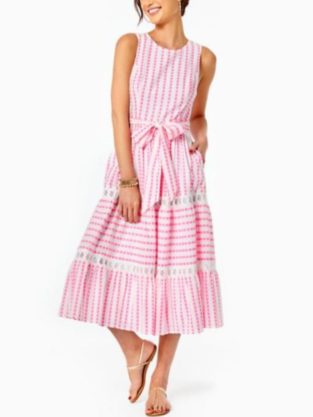 Lilly Pulitzer Maybella Tiered Midi Dress Pink Isle Gingham Stripe Size 12 NWT
